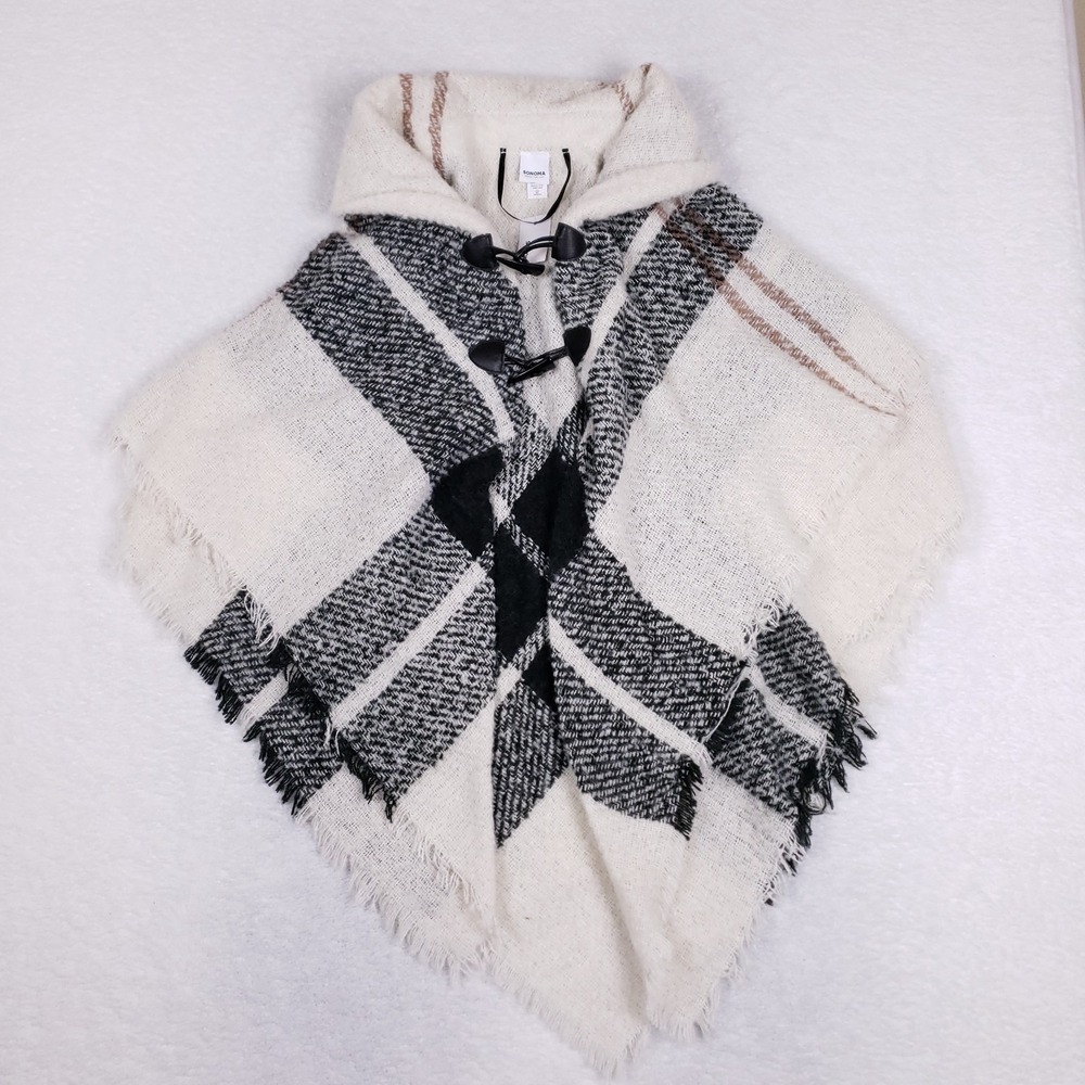 Sonoma Poncho Hooded Plaid Toggle One Size Cream Black Fall Cozy Cottagecore